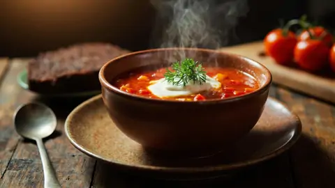 Borscht ruso tradicional con carne de res