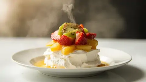Pavlova de Nueva Zelanda con frutas tropicales