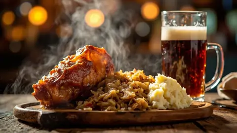 Schweinshaxe Asado al Estilo Bávaro con Chucrut y Puré de Papas