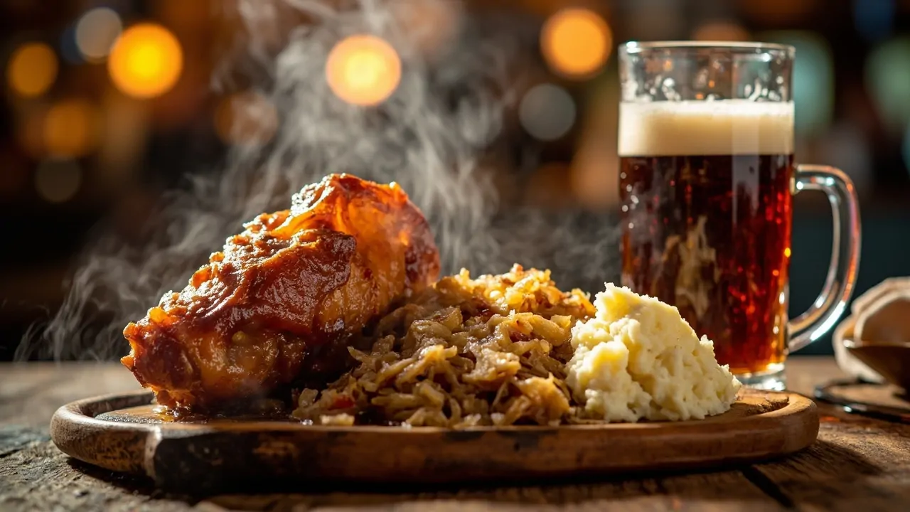 Schweinshaxe Asado al Estilo Bávaro con Chucrut y Puré de Papas