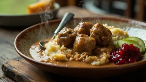 Köttbullar Suecas con Puré de Papas y Arándanos Rojos