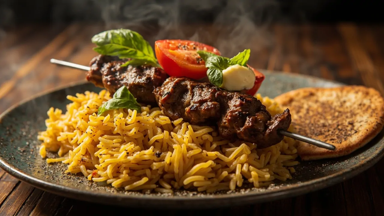 Chelo Kabab Koobideh — Kebab Persa de Cordero con Arroz al Azafrán