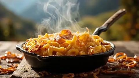 Älplermagronen - Macarrones alpinos suizos con queso gratinado