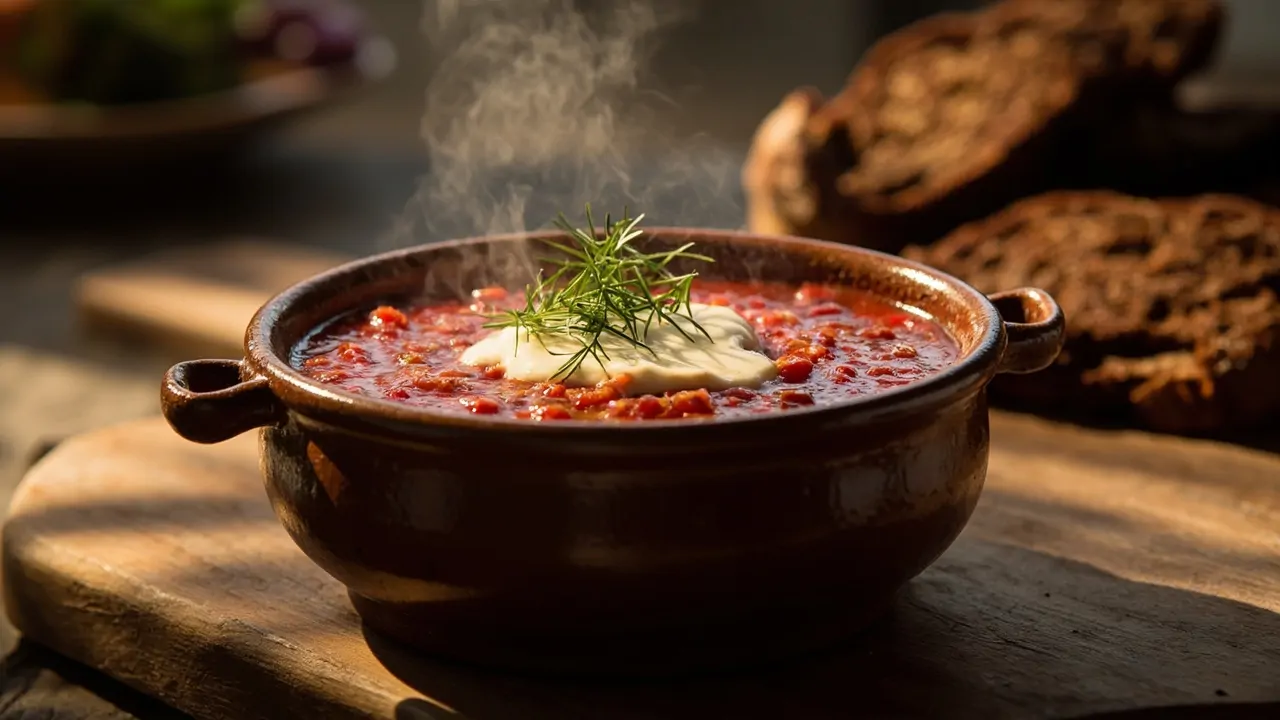 Borscht ucraniano casero con crema agria