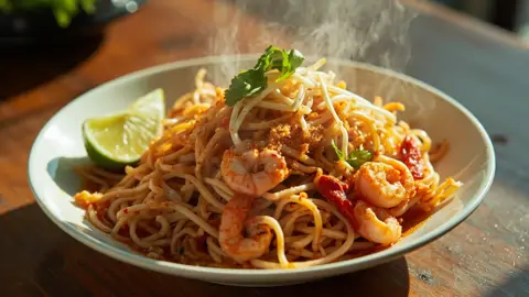 Pad Thai Tradicional Tailandés con Camarones