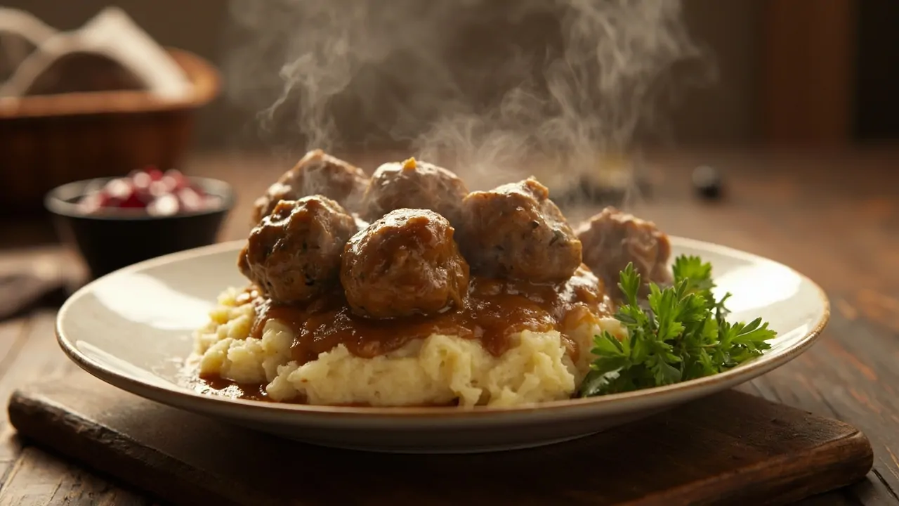 Köttbullar Suecas con Salsa de Crema y Mermelada de Arándanos Rojos