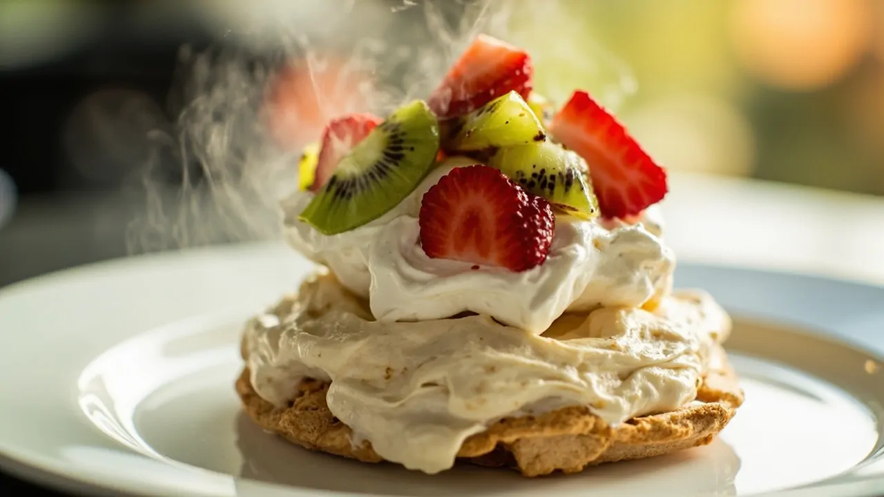 Pavlova clásica con kiwi de Nueva Zelanda