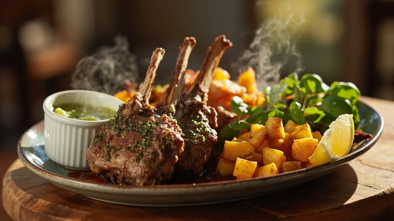 Cordero Asado con Salsa de Menta y Kumara