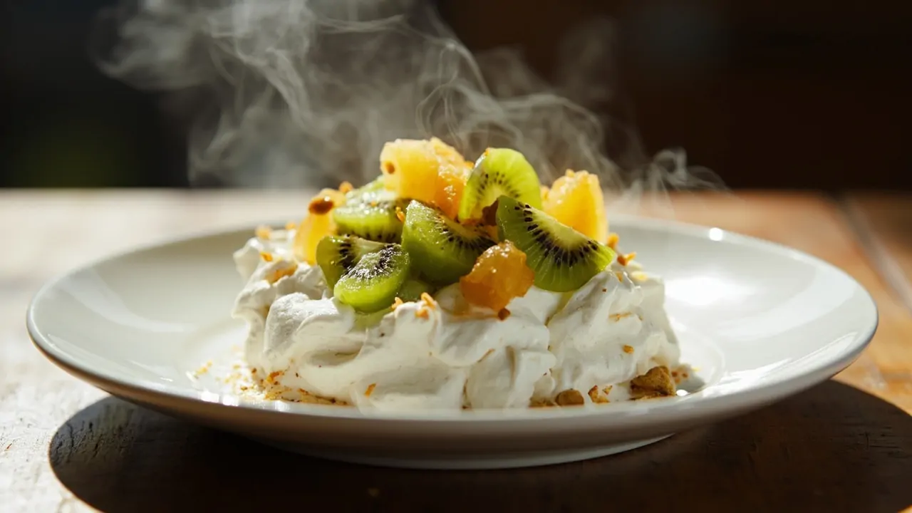 Pavlova con kiwi y maracuyá