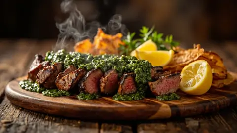 Bife de Chorizo a la Parrilla con Chimichurri y Papas Rústicas