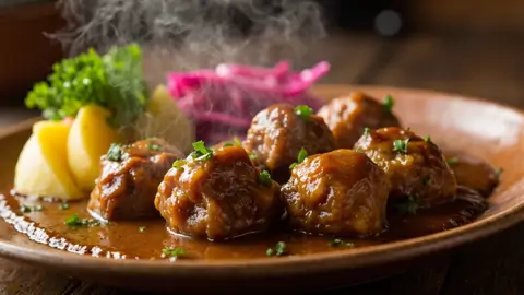 Frikadeller con salsa marrón y col roja encurtida