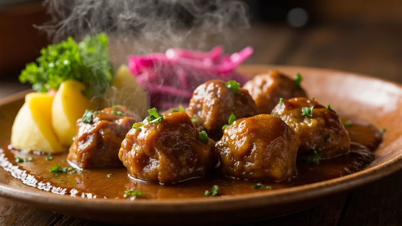 Frikadeller con salsa marrón y col roja encurtida