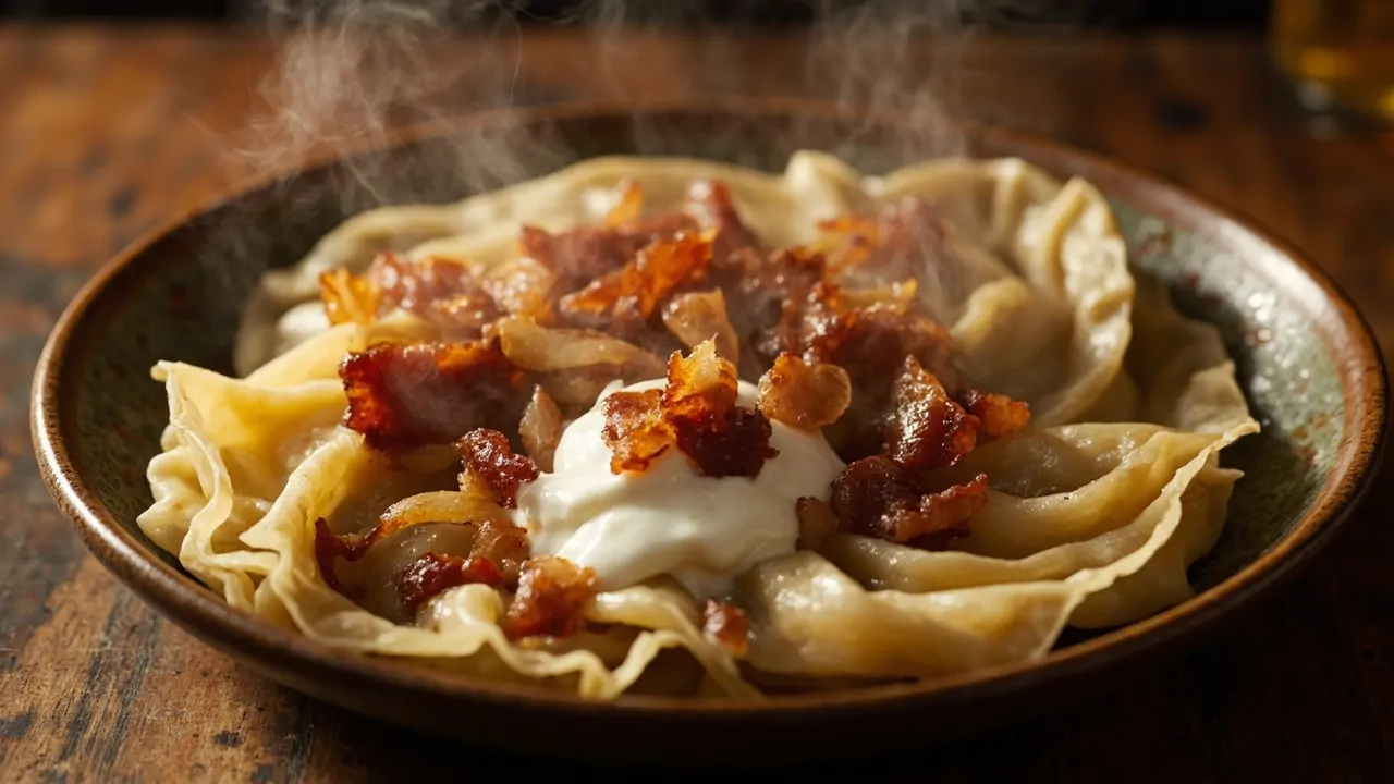Pierogi Ruskie con tocino crujiente y crema agria