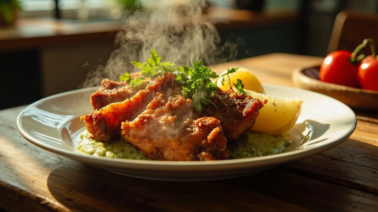 Stegt flæsk med persillesovs (Panceta crujiente danesa con salsa de perejil)