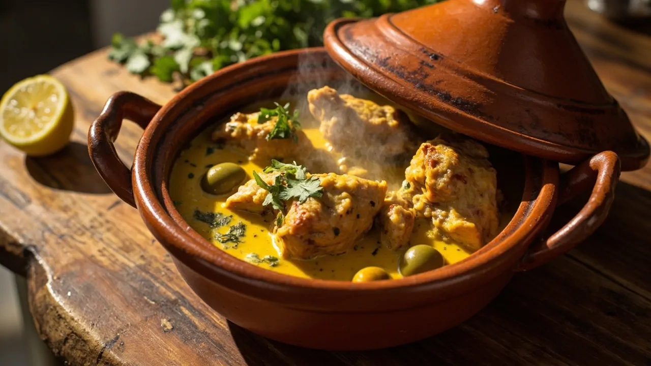 Tagine de Pollo con Limones Encurtidos y Aceitunas
