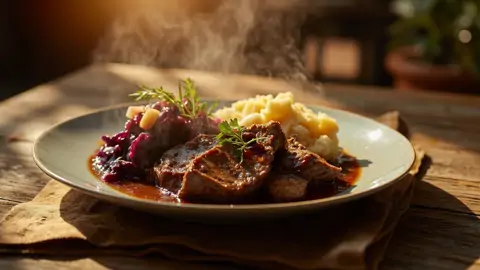 Sauerbraten Alemán con Col Roja y Puré de Papas