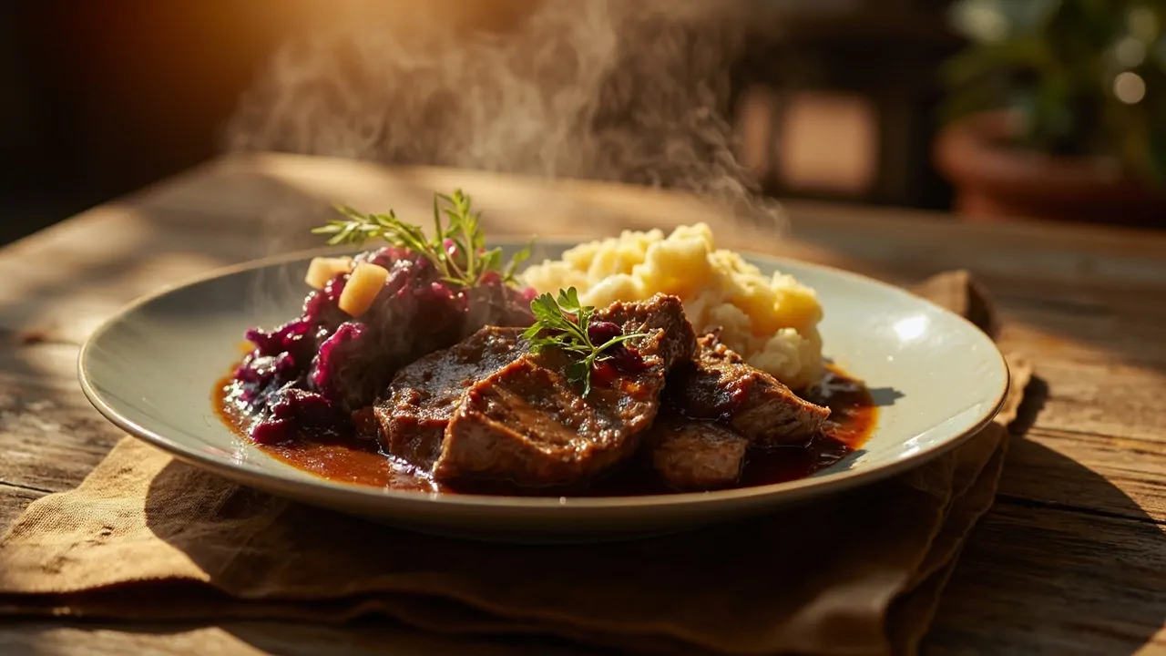 Sauerbraten Alemán con Col Roja y Puré de Papas
