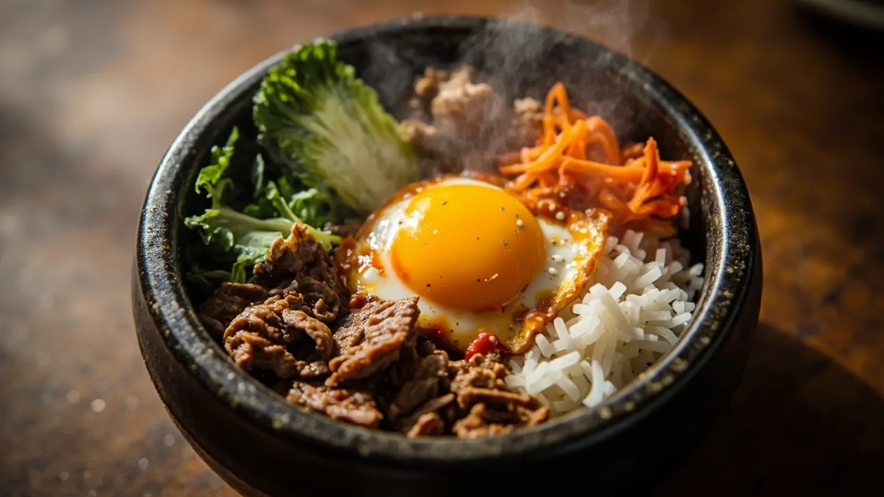 Bibimbap clásico de ternera con huevo y gochujang