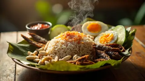 Nasi Lemak con Sambal, Anchoas Crujientes y Cacahuetes