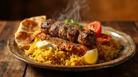 Chelo Kabab Koobideh - Arroz con azafrán y kebab de cordero