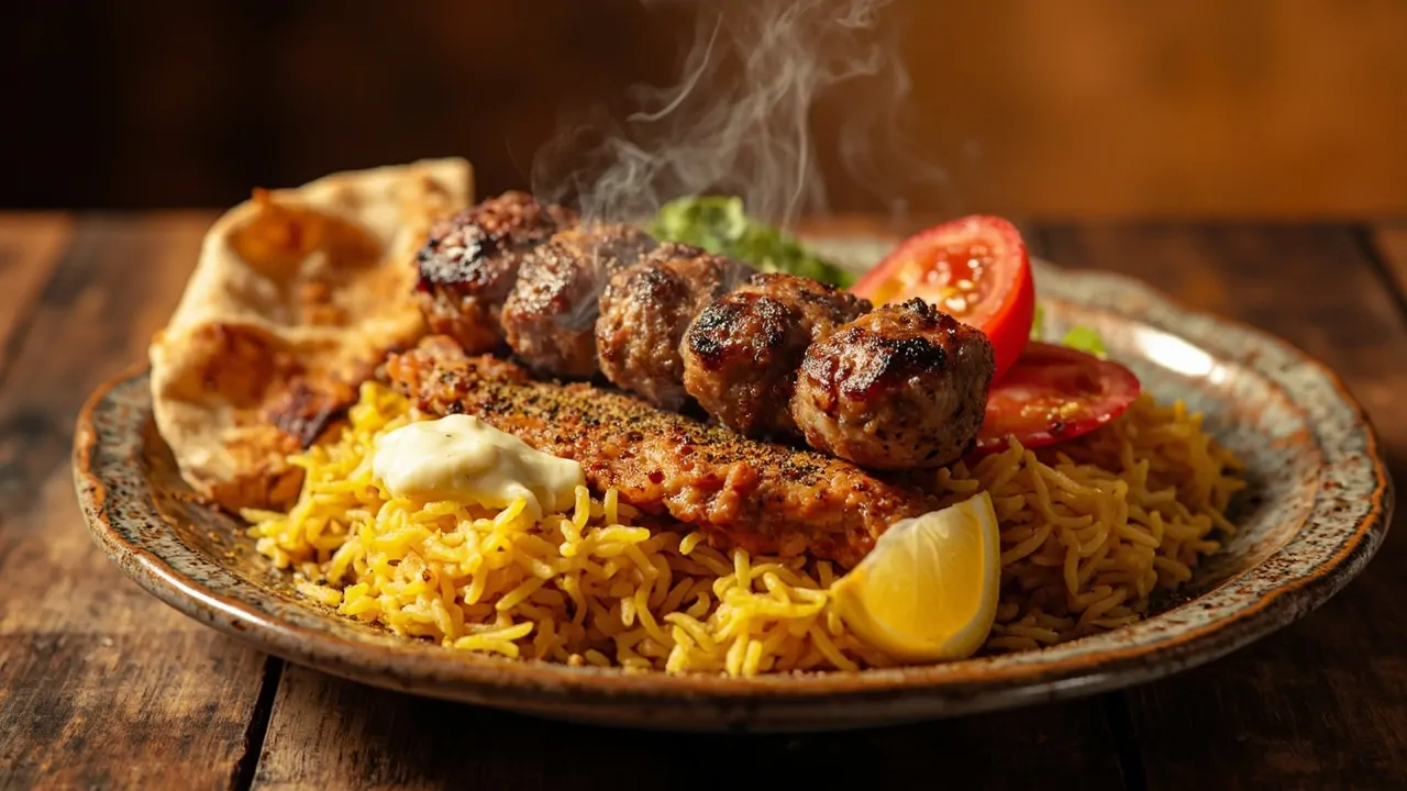 Chelo Kabab Koobideh - Arroz con azafrán y kebab de cordero