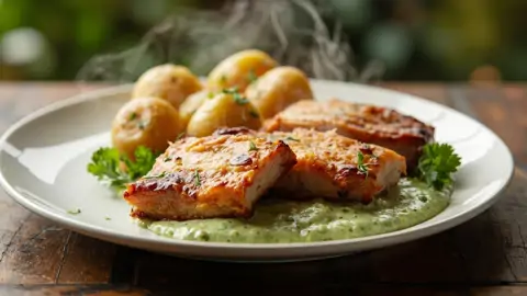 Stegt Flæsk med Persillesovs (Cerdo Crujiente con Salsa de Perejil)