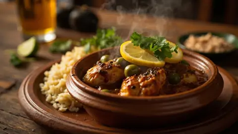 Tagine de pollo con limón confitado y aceitunas