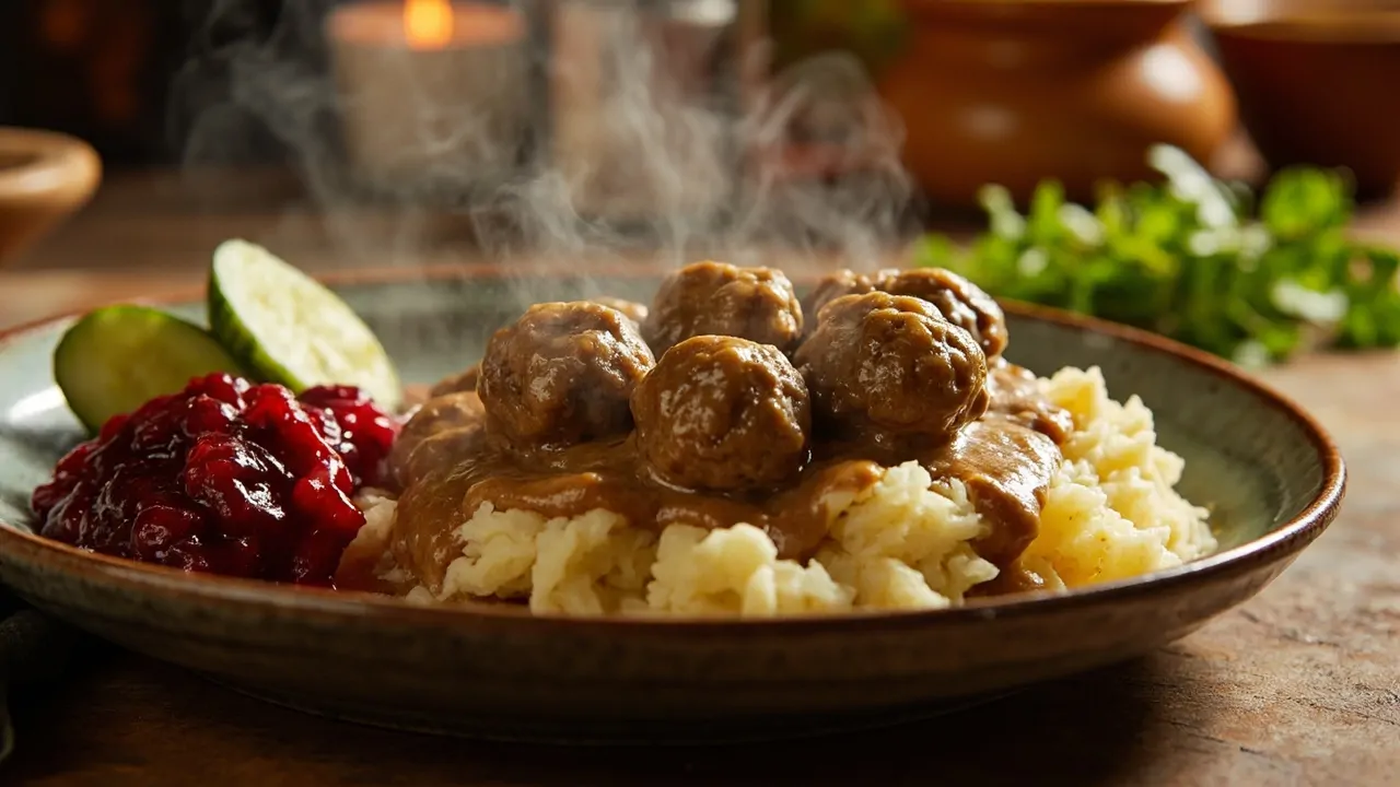 Köttbullar Suecas con Salsa de Crema, Puré de Patatas y Mermelada de Arándanos Rojos