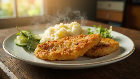 Kotlet Schabowy con Puré de Patatas y Mizeria
