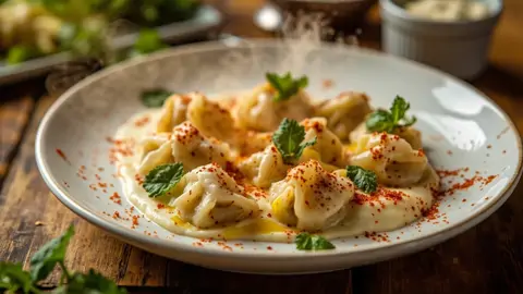 Mantı turco con salsa de yogur y mantequilla dorada